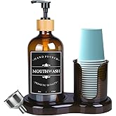 Amber Glass Mouthwash Dispenser with Cup Holder for Bathroom, 16oz Refillable Mouthwash Bottles Container with Tray, Funnel and Waterproof Labels