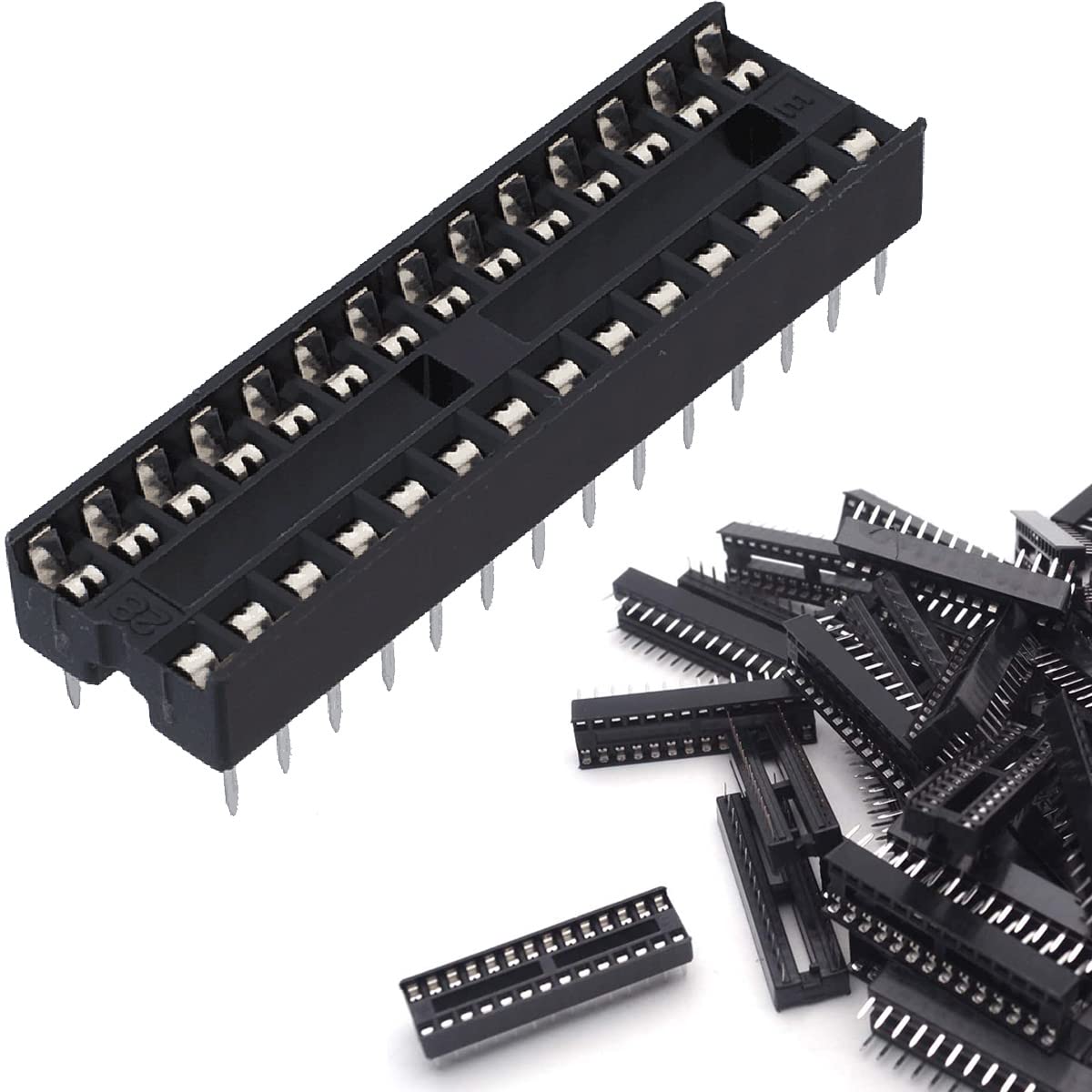 DAOKAI DIP IC Socket Adaptor 2.54mm Pitch Electronics Electrical Component PCB Mount Socket, Dual Row Flat Pins Soldering Integrated Circuit IC Sockets Connector(28Pin, 50PCS)