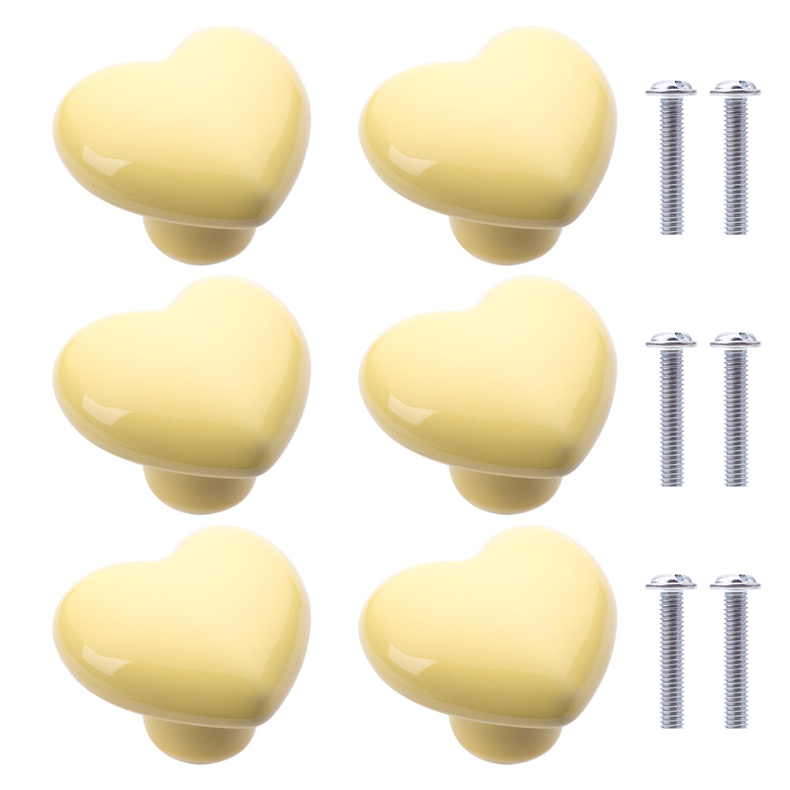 NAKUPENDA 6Pcs Furniture Ceramic Knobs Heart Shape Ceramic Cupboard Drawer Knobs Ceramic Handles with Screws for Children's Room Kitchen Cupboards Bookshelf (Light Yellow) — image 1