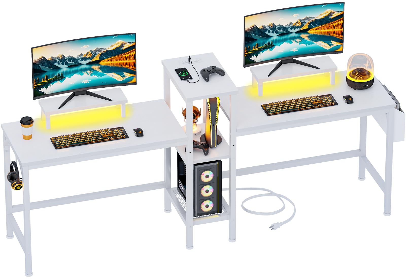 Photo 1 of Furologee 2 Person Gaming Desk with LED Lights, 71 Inch Computer Desk with Power Outlets and Monitor Stand, Double Desk with Storage Bag and Headphone Hooks, Study Writing Table for Home Office, White