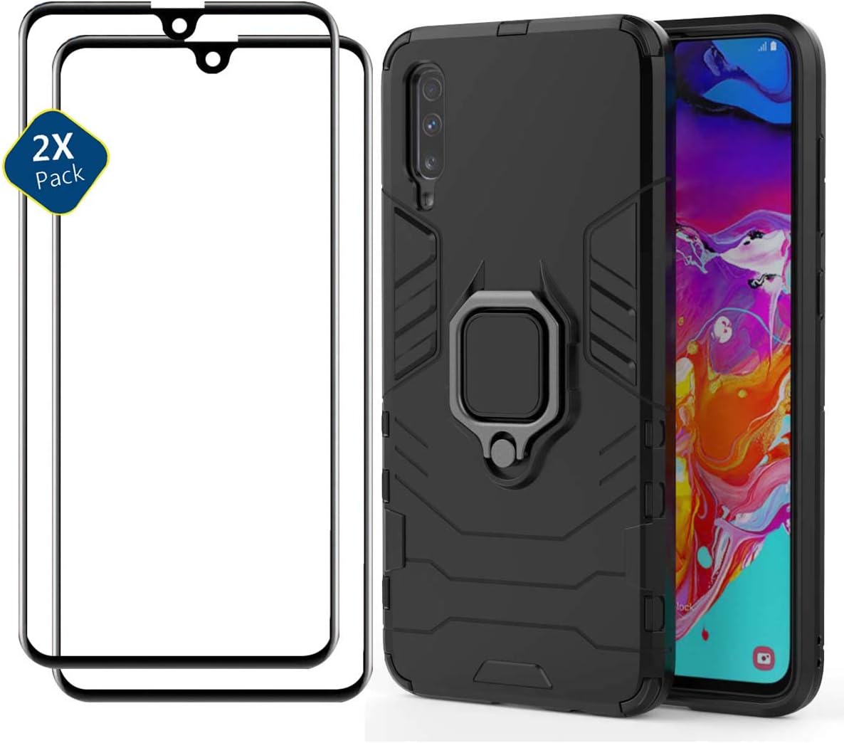 HUUH Case + 2 Pack Screen Protector Compatible with Huawei Y9s, TPU + PC double layer protection hidden bracket mobile phone case holster(black)