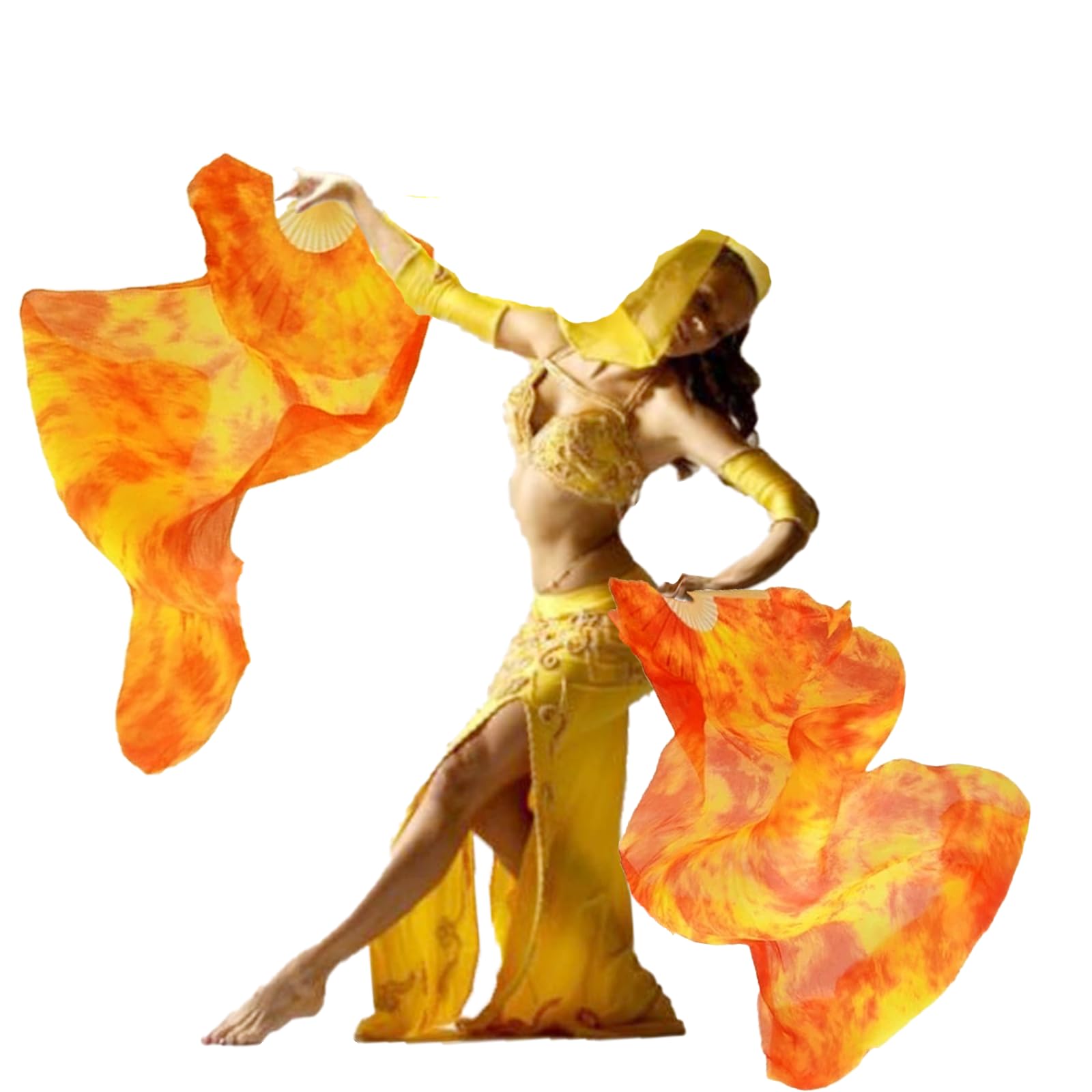 Belly Dancwe Fan 1 Pair (Left+Right) Handmade 99% Silk Imitation Silk Ribs Long Silk Fans Dancing Fans Dance Silk Veils Long Fans Dance Performance (Fire Color-real silk)