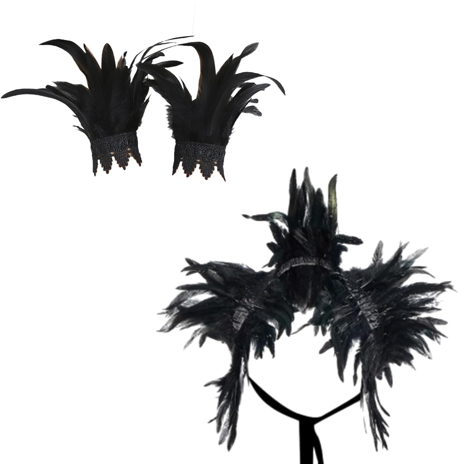 GWAWG Women Natural Feather Cape with Wrist Cuffs Wristband Maleficent Costume Gothic Lacing Shawl Shrug Collar Feather Cape for Halloween Cosplay Christmas Party (Black)