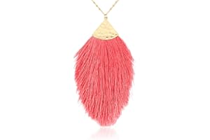 RIAH FASHION Antique Bohemian Silky Thread Fan Tassel Statement Necklace - Vintage Gold Feather Shape Strand Fringe Lightweight Long Chain