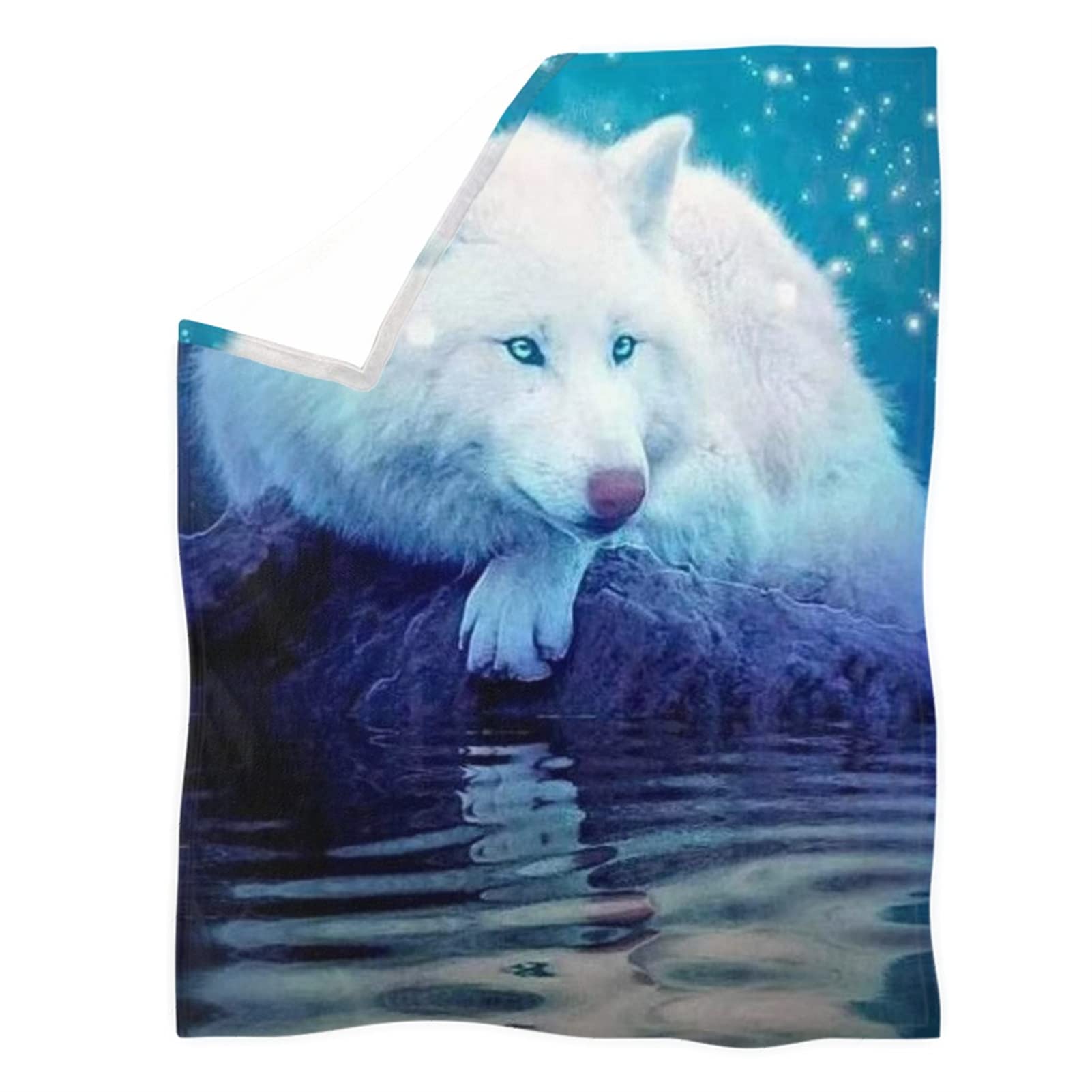 Jndtueit Wolf Plush Throw Blanket Galaxy Wolf Pattern Fleece Bedding Blanket for Bed,Sofa,Couch All Season Warm and Cozy Soft,White Blue 2XL