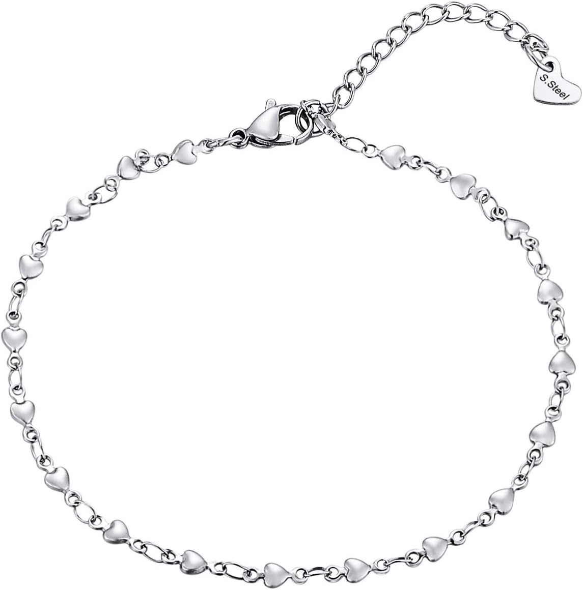 HooAMI Womens Stainlss Steel Heart Anklet Bracelet Beach Barefoot Sandal Foot Chain Adjustable 10 Inch