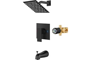 Airuida Shower Faucet Set with Tub Spout Bathtub Faucet Kit Shower Tub Faucet Set Complete Tub Shower Trim Kit with Solid Brass Rough-in Valve and 6 Inch Rainfall Square Showerhead Matte Black