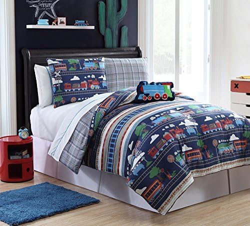 7 Pc Reversible, Train Comforter Set, Bed in a Bag, Twin Size Bedding, By Karalai Bedding Collection
