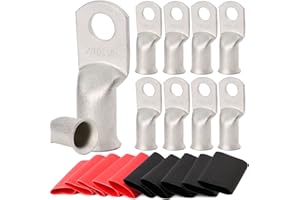 TKDMR 10pcs 2/0 Awg-3/8 Ring Marine Grade Copper Wire Lugs,with 3:1 Heat Shrink Tubing,UL Battery Cable Ends,Heavy Duty Cable Lugs,Tinned Copper Eyelets,Tubular Ring Terminals