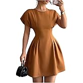 Floerns Women's Summer Short Dolman Sleeve A Line Dress Crew Neck Pleated Mini Dresses