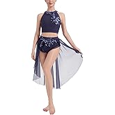 ODASDO Lyrical Dance Costumes for Women Contemporary Dancewear Sleeveless Crop Top with Mesh Tulle Flowy Skirt 2pcs Set