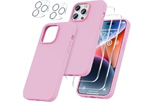 imluckies [5 in 1] for iPhone 14 Pro Case, with 2 Pack Screen Protector + 2 Pack Camera Lens Protector, Slim Silky Liquid Silicone Full Covered Shockproof Protective Cover 6.1" 2022, Pink