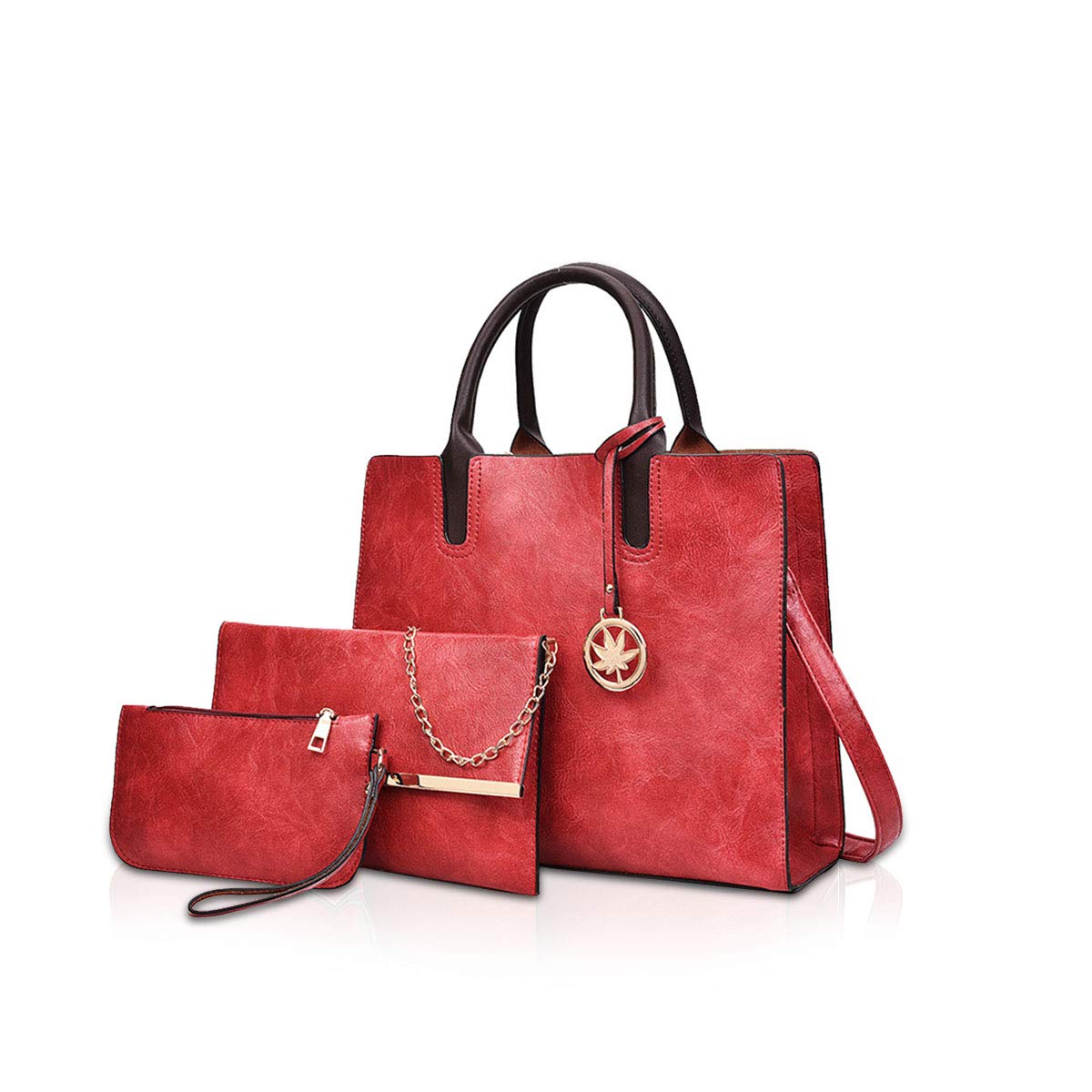 NICOLE&DORIS Women Handbags 3 Pieces Leather Handbag for Ladies Leather Totes +Crossbody+Wristlet Red