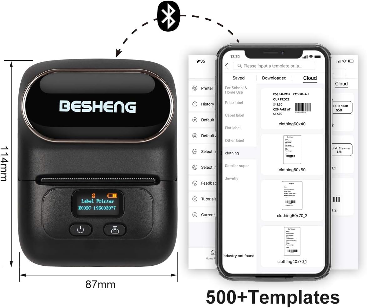 BESHENG Portable Handheld Bluetooth Lable Printer, Direct Thermal Label Printer, Lable Maker Machine for Barcode, Text, Excel, Picture etc, Compatible iOS & Android System (White) : Office Products