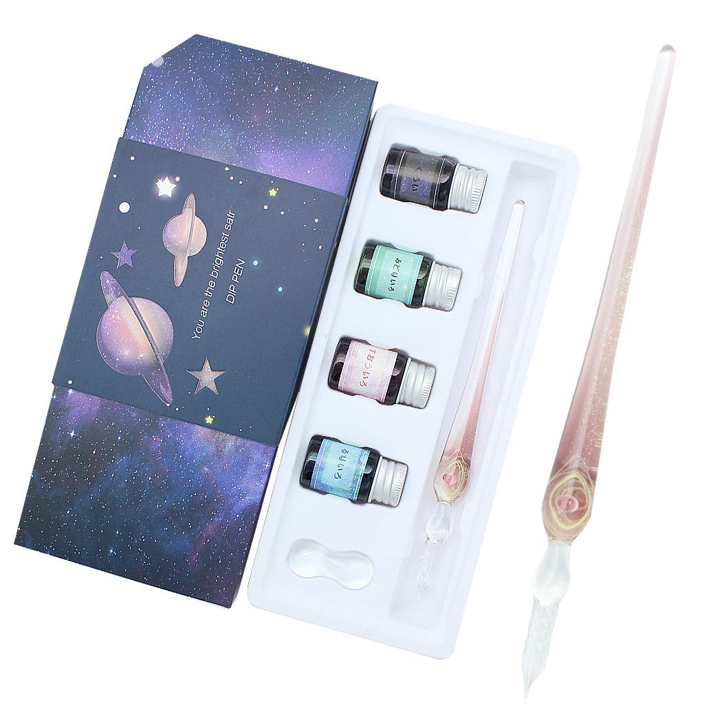 SIPLIV Handmade Glass Dip Pen Set, 3D Planet Crystal Signature Drawing Writing Calligraphy Pen, 6 Pcs Gift Set with 4 Colors Ink, 1 Pen Holder, 1 Glass Pen - Pink