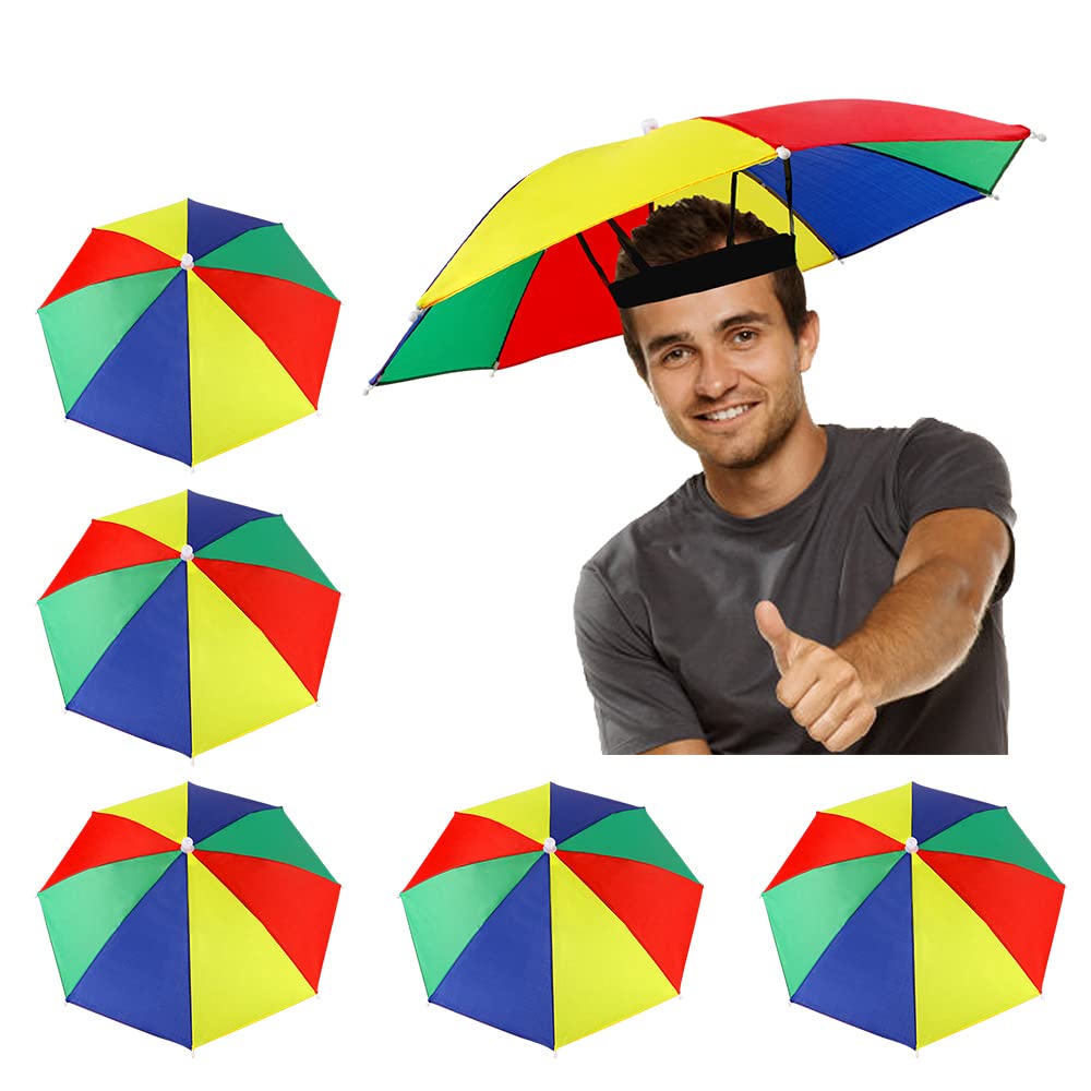 Heqishun 5 Pack Umbrella Hat with Elastic Band, Fishing Umbrella Hat for Adults Kids Women Men, Umbrella Hats for Outdoor Activities Multicoloured