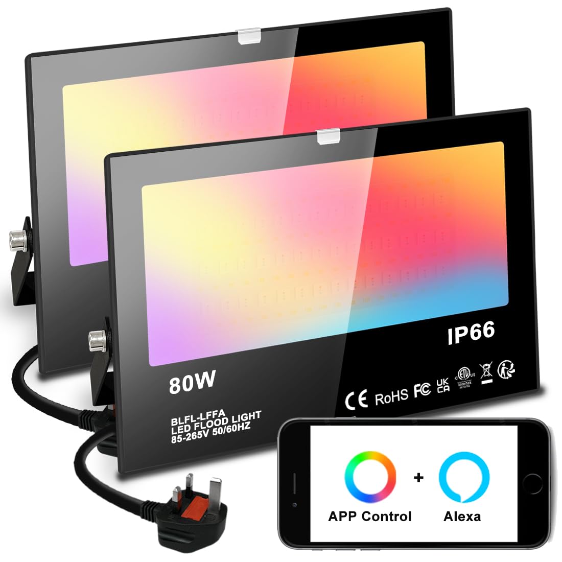 Mobri LED Floodlight Outdoor 800W, Smart RGB Flood Lights with APP Equivalent 8000LM, Colour Chaging - Warm White - Timing - Scene - IP66, UK 3-Plug, 2 Pack