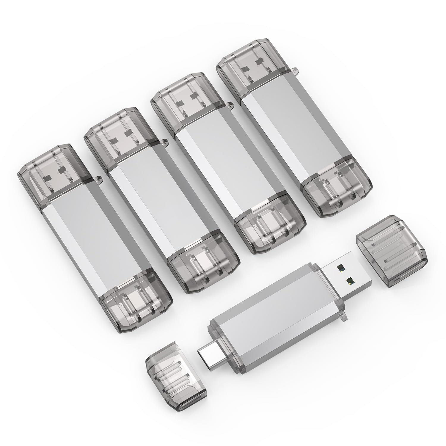 Photo 1 of RAOYI 5 Pack 128GB USB C Flash Drive, 2 in 1 USB 3.0 Type C Dual OTG Metal Thumb Drive Jump Drive Memory Stick with Keychain Suitable for USB-C Smartphones, MacBook, Computers and Tablets (Silver)