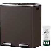 SONGMICS Trash Can, 2 x 8 Gallon (2 x 30 L) Garbage Can for Kitchen, with 15 Trash Bags, 2 Compartments, Plastic Inner Buckets and Hinged Lids, Airtight, Brown ULTB60BR