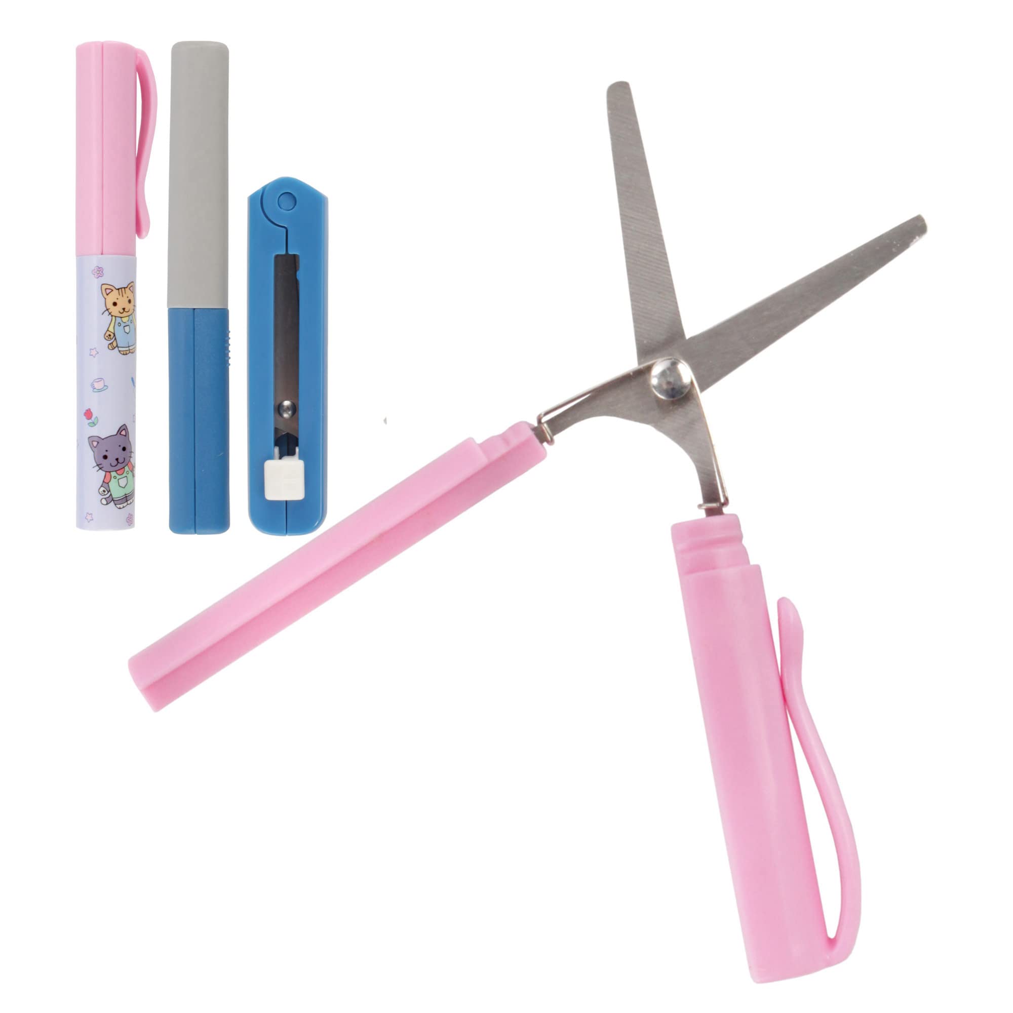 Portable Travel Scissors, Pen & Push Folding Style - Garden Kitty Pen, Dark Blue Pen, Dark Blue Push - 1 Pair Each