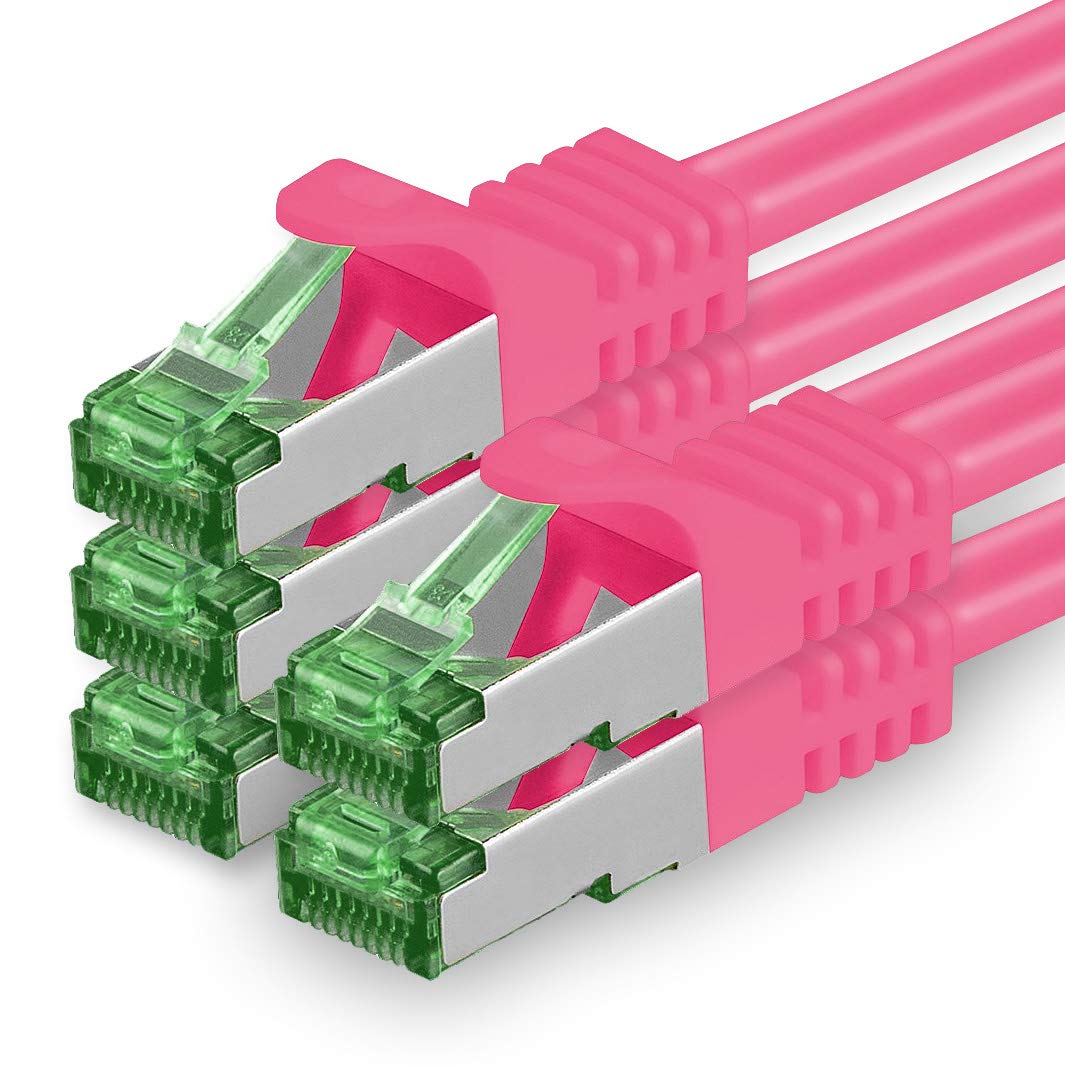 1aTTack.de 1 M Cat.7 Network Cable Pack of 5 Cat7 Patch Cable Lan Cable Ethernet RJ45 10 Gbit/s (All Internet Speeds) Magenta 1 Meter