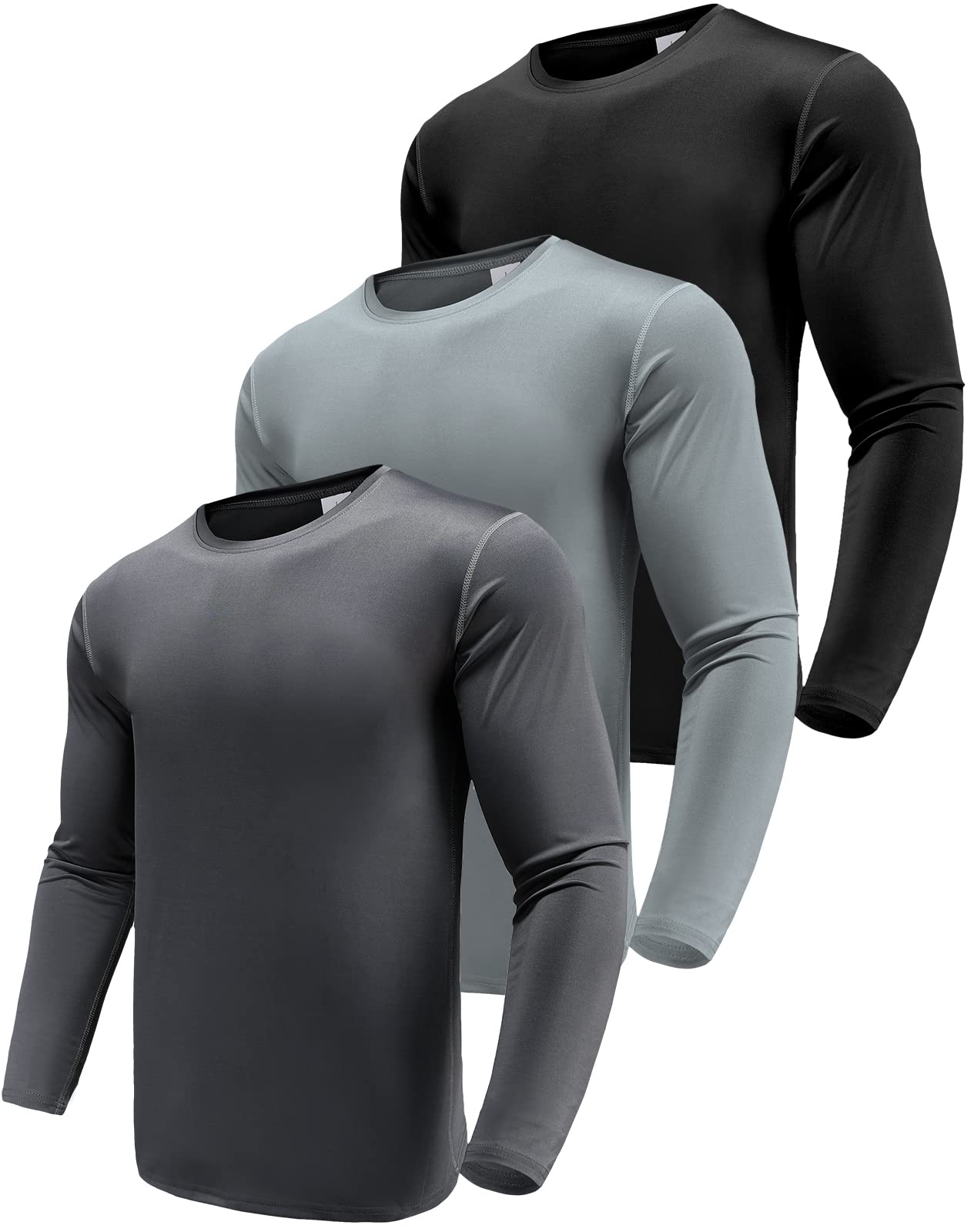 Photo 1 of 3 Pack Long Sleeve Tee Shirts for Men Dry Fit Moisture Wicking Long Sleeve Shirts Sun Protection Workout Shirts for Running Black/Grey/Dark Grey-3P06-2XL