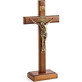 Leinuosen 10 Inch Wood Cross Crucifix Wall and Table Catholic Wooden Crosses Standing Cross Decor Jesus Christ Decoration for Home Baptism Communion Church (Golden,1 Pcs)