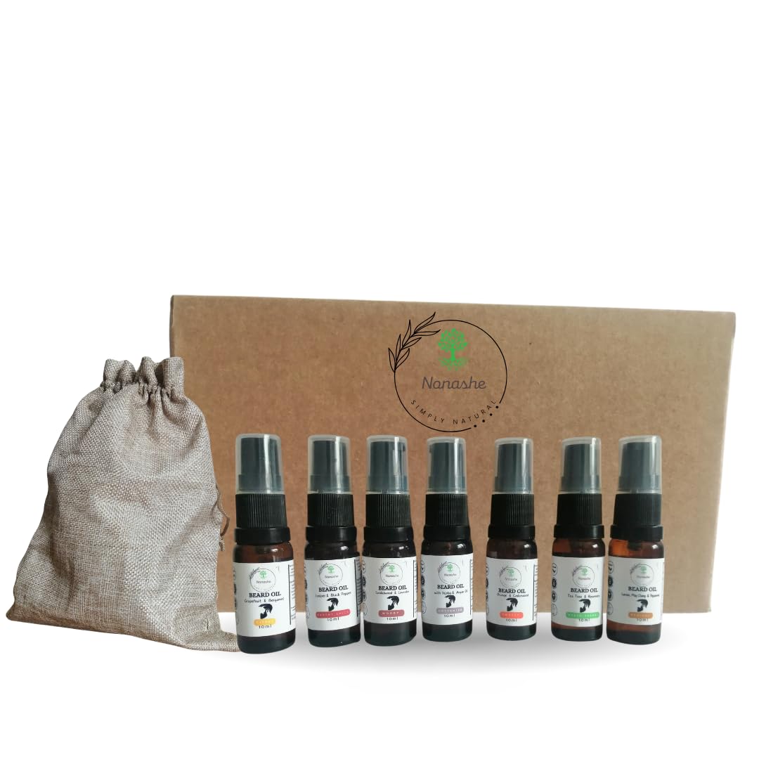 Nonashe Handmade Beard Oil - Argan & Jojoba Oils-Natural Ingredients Blend for Healthy Growth Hydrate, Moisturise, Softens & Strengthens (Discovery Box (Kit of 7 Bottles), 10ml x 7)