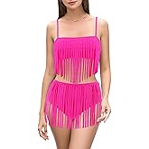 JOLISSLAN Womens Bikini Sets Sexy Fringe Hem Tube Top Tankinis High Waist 2 Piece Swimsuit Bathing Sets Beach Pool Party
