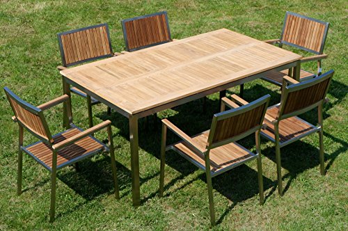 ALEOS. Gartengarnitur Edelstahl Teak Se: Tisch 160x90 cm + 6 Teak Sessel Serie Kuba A-Grade Teak Holz Serie Kuba Gastroqualität – Bild 8