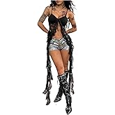 GORGLITTER Women's Y2k Lace Tie Front Going Out Tops Sexy Goth Mesh Sheer Spaghetti Strap Asymmetrical Shirts