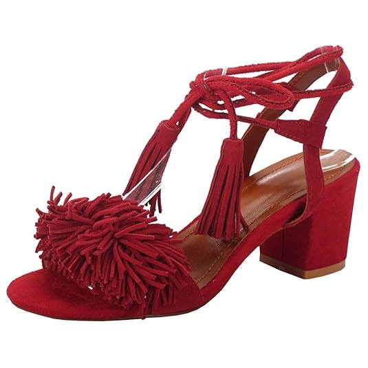 Coolulu Damen Chunky Heels Sandalen mit Schnürung und Blockabsatz Sandaletten Fransen 5cm Absatz Sommer Schuhe