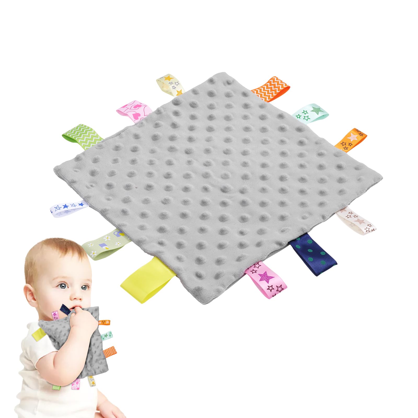 ORUZA Tag Comfort Blanket Baby, Baby Comforter with Colorful Taggies, Tag for Babies Soft Touch Comfort Blanket for Newborn Boys and Girls (Grey)