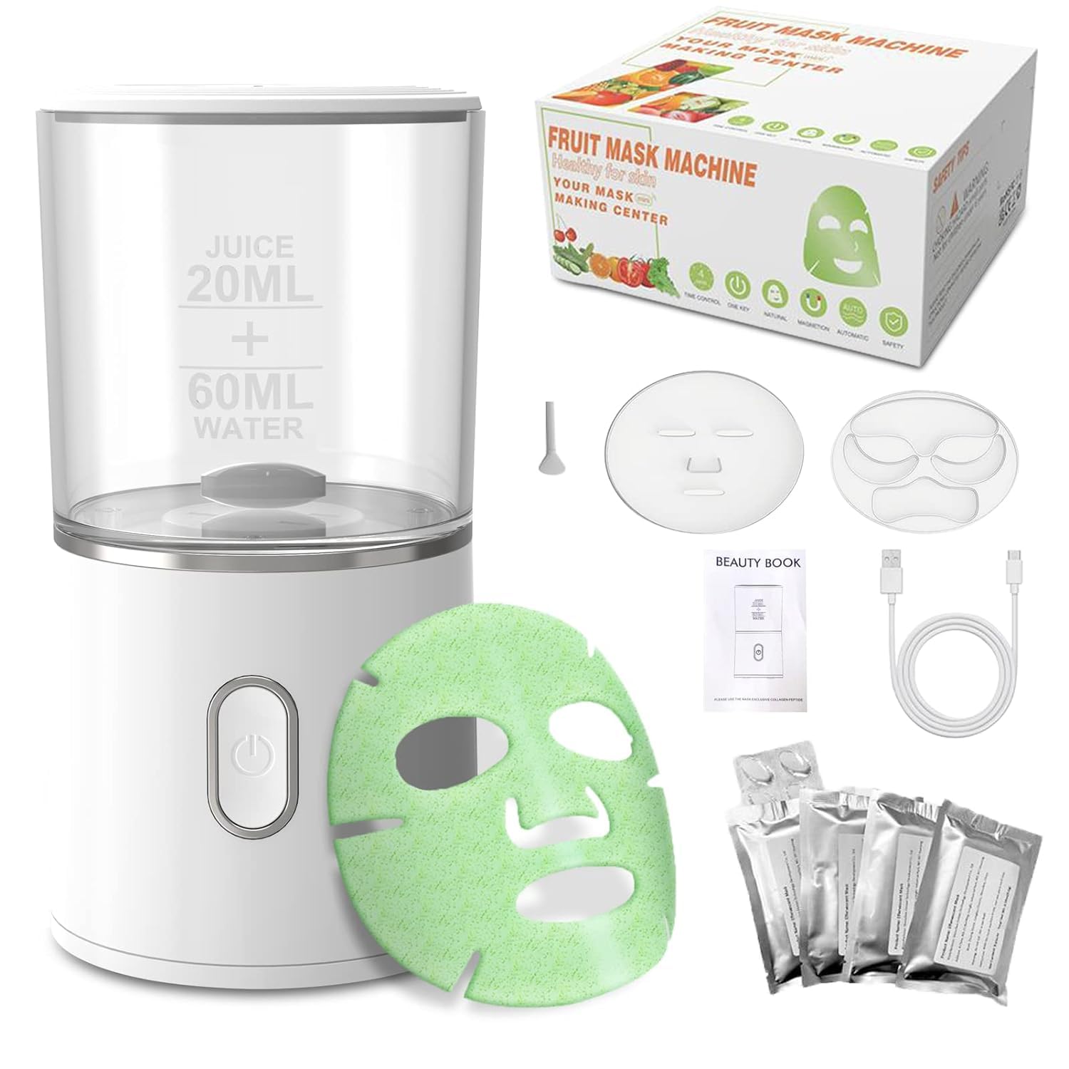 Face Mask Maker With 32Pcs Collagen, DIY Natural Fruit Vegetable Mask, Automatic Machine for Eye Chest Hand Neck Skin Care, SPA Facial Treatment (Rechargeable)