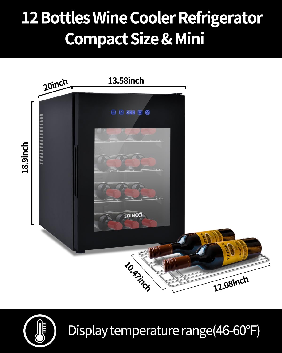JOINCCI 12 Bottles Wine Cooler Refrigerator 46℉-60℉Temperature,Thermoelectric Mini Countertop Wine Fridge with Double-Layer Tempered Glass Door Wine Cellar for Red Wine for Home,Kitchen or Office