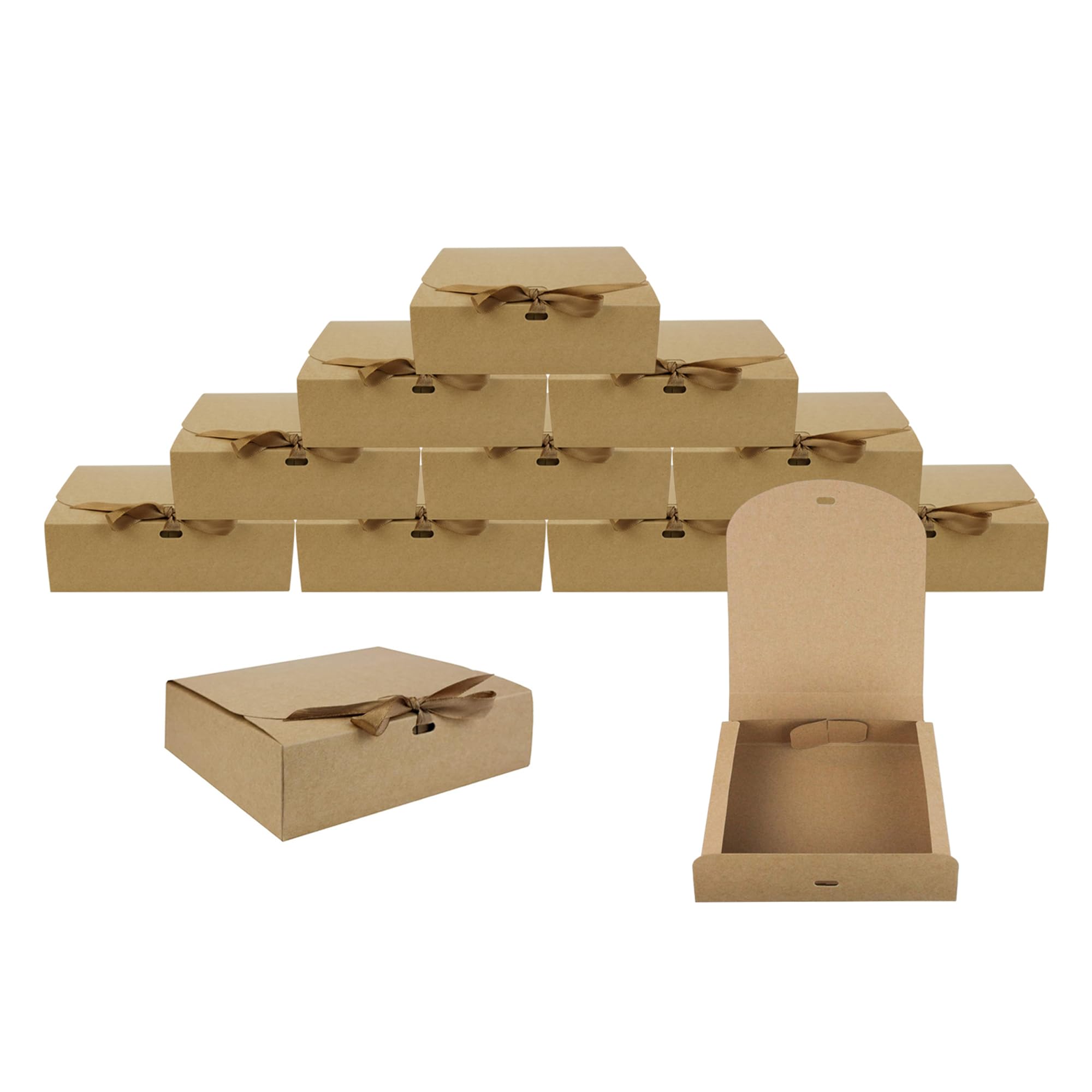 Emartbuy Brown Kraft Gift Box with Brown Ribbon – Pack of 12 – Size 2 (24 x 24 x 5 cm) – Ideal for Gift Packaging, Hampers, Events & Small Business