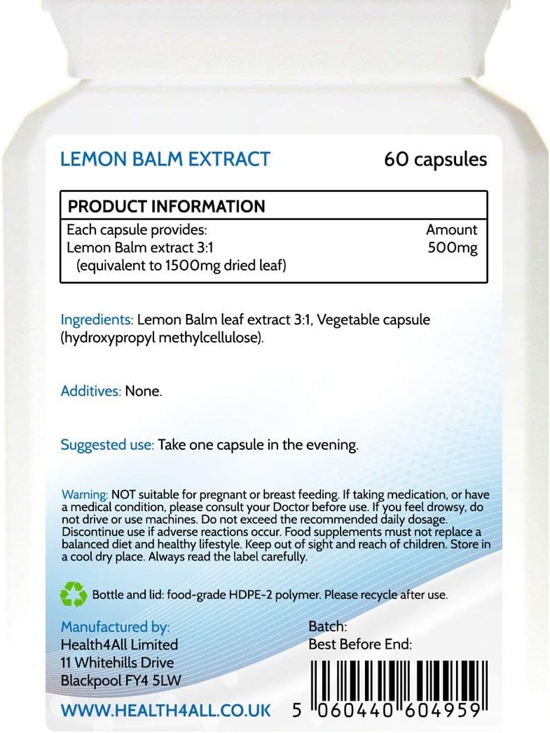 Health4All Lemon Balm Extract 1500mg per Capsule, 60 Capsules 2 Months Supply - Image 3