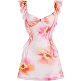 Floerns Women's Floral Ruffle Trim Cap Sleeve Mini Dress Sweetheart Neck A Line Dresses
