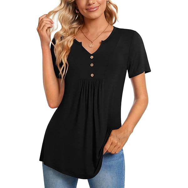 Vinmatto Women's Summer Tunic Top - V Neck Flowy Short Sleeve Blouse (Plus Size Available)