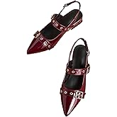 SHENHE Women's Slingback Flats Low Heels Pointed Toe Patent Leather Rivets Dress Pump Shoes