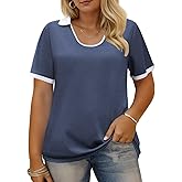 VISLILY Womens-Plus-Size-Summer-Tops Trendy Polo U Neck T Shirts Color Block Short Sleeve Lapel Collared Work Blouses Tunics