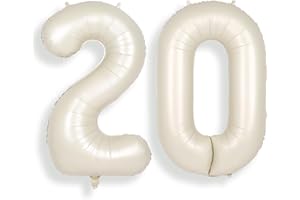 SUWEN 40 Inch Cream White Large 20 Number Balloons Big Foil Helium Number Balloons 0-9 Jumbo Happy 20th Mylar Birthday Party Decorations for Women or Men Anniversary Party Supplies