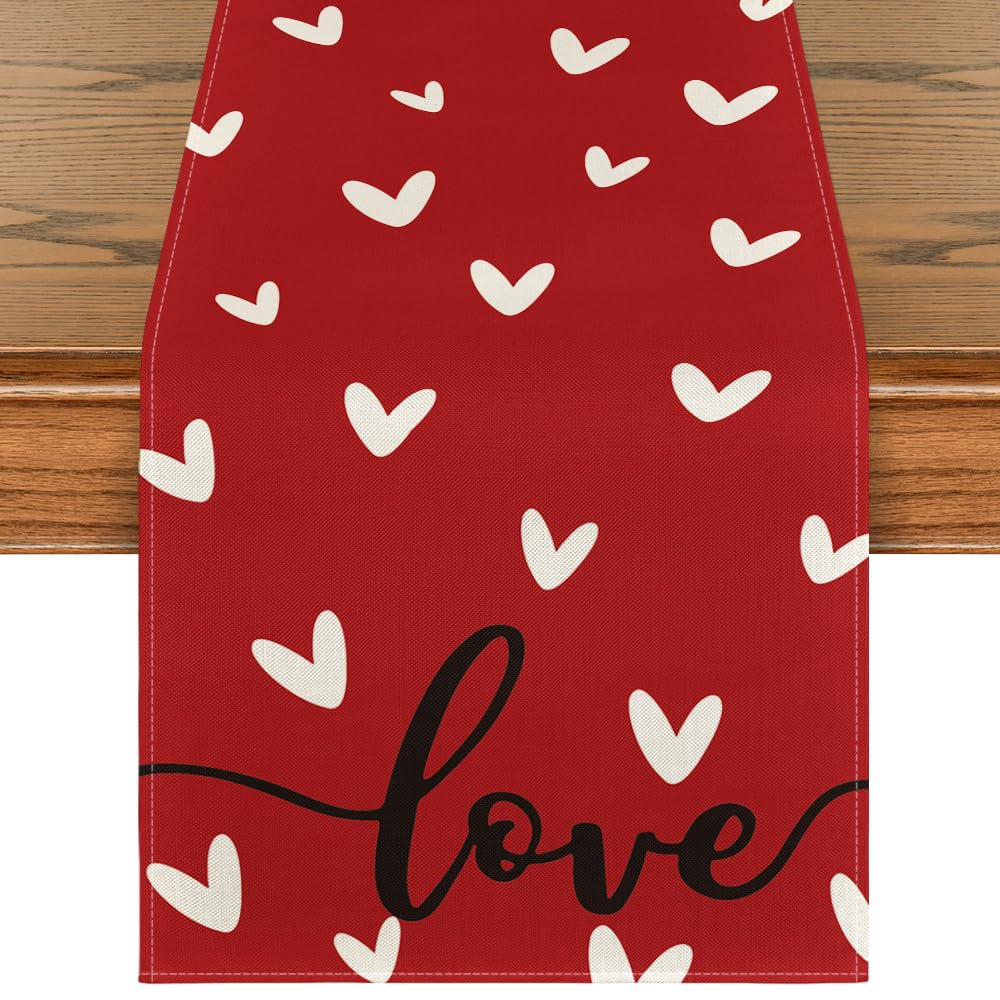 Photo 1 of Artoid Mode Red Love Valentine's Table Runner, Seasonal Anniversary Kitchen Dining Table Decoration for Indoor Home Party 13x72 Inch