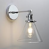 Phansthy Vintage Industrial Wall Light Bathroom Wall Sconce Indoor Hardwired 1-Light Wall Lamp with 7.3 Inches Cone Glass Lam