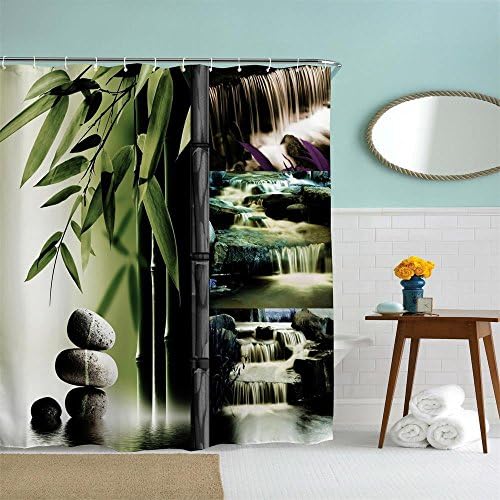 LANGYS 3D Bath Curtain Waterproof Polyester Bath Curtain Bathroom Partition Curtain Cloth Bathroom Decoration Bamboo Waterfall Bath Curtain (71 59 inches)