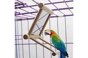OLD TJIKKO Bird Mirror with Swing and Perch for Parakeets Cockatiels Lovebirds Finches - Wooden Interactive Hanging Cage Toy, 3.7 x 3.5 x 3.5 Inch, 1 Pack