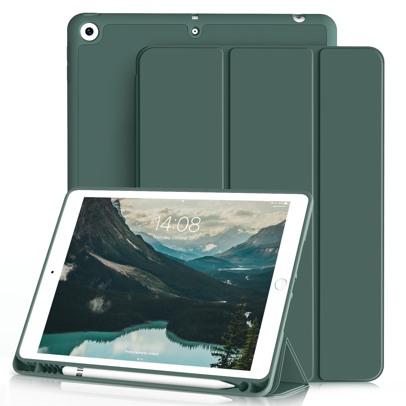ZOYU Case for iPad 9th/8th/7th Generation with Pencil Holder, Slim Stand Smart Case with Soft TPU Back Cover, Auto Sleep/Wake for iPad 10.2 Inch 2021/2020/2019, Dark Green
