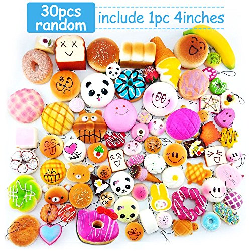 30pcs Squishies Slow Rising Jumbo/Medium/Mini Squishies Fruit/Cake/Panda/Bun/Animal Squishies Food Donuts With Phone Straps Stress Relief Toys Randomly (30 pcs squishies)