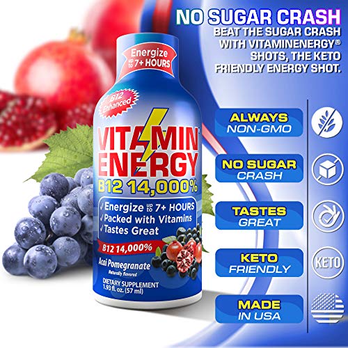 Vitamin Energy B12 Energy Drink Shots, Acai Pomegranate Flavor, Up to 7