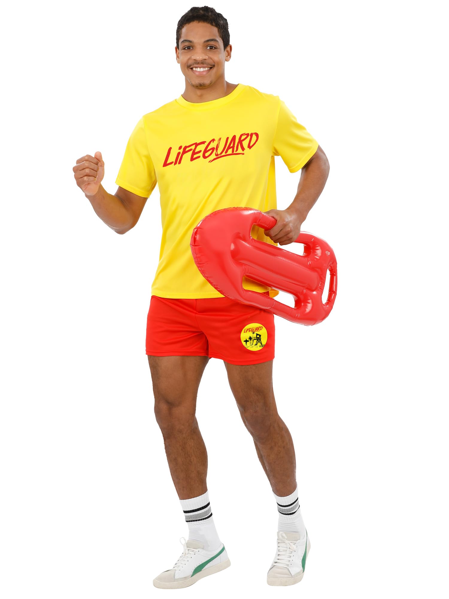 Smiffys Men's Lifeguard Costume – Fancy Dress Outfit with Yellow T-Shirt & Red Shorts – 90s Beach Party & TV Theme